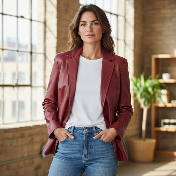 Preston York Red Lambskin Leather Jacket Button Front Trench Coat Women’s PM - Picture 3 of 7